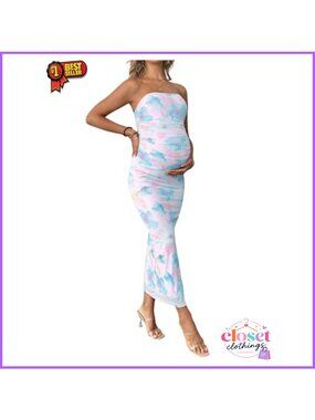 Floerns Floral Strapless Ruched Long Maternity Maxi Dress